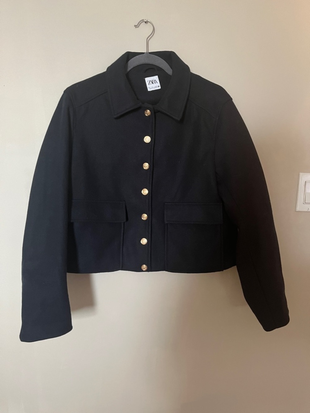 Zara Navy wool Cropped jacket with Gold Buttons